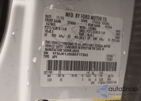 2011 Ford Expedition El Xlt из США, поврежденный, VIN 1FMJK1J55BEF17262